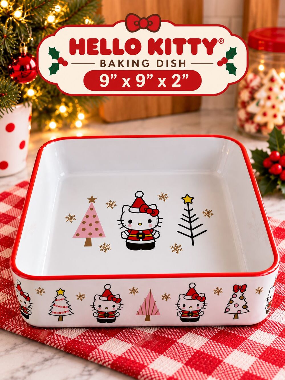 Hello Kitty Christmas Baking Dish Holiday Ceramic Square Casserole NEW